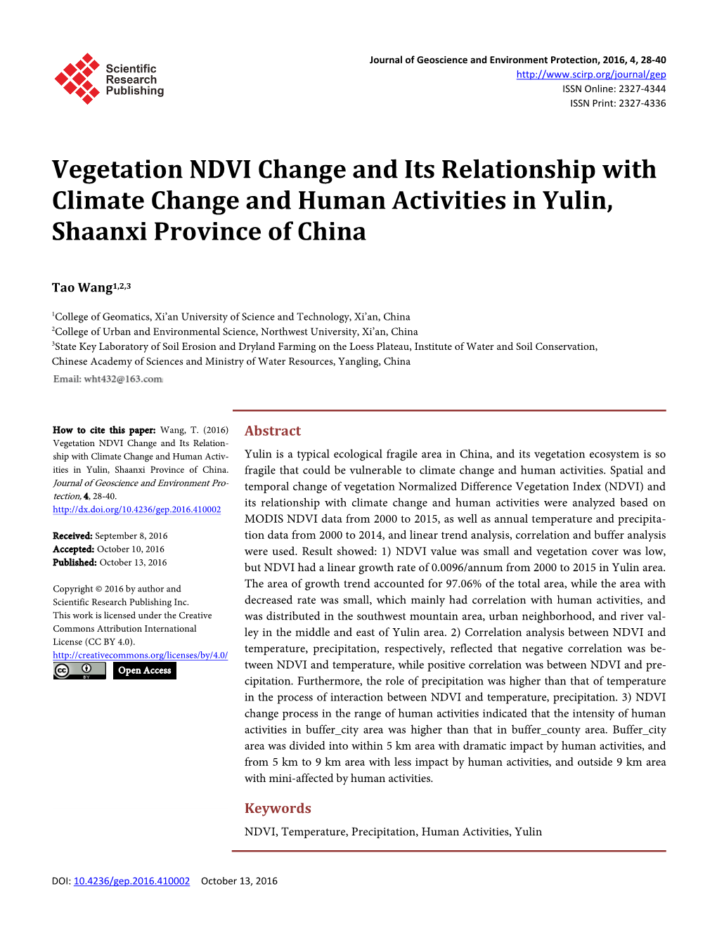 Vegetation NDVI Change and Its Relationship with Climate Change and Human Activities in Yulin, Shaanxi Province of China