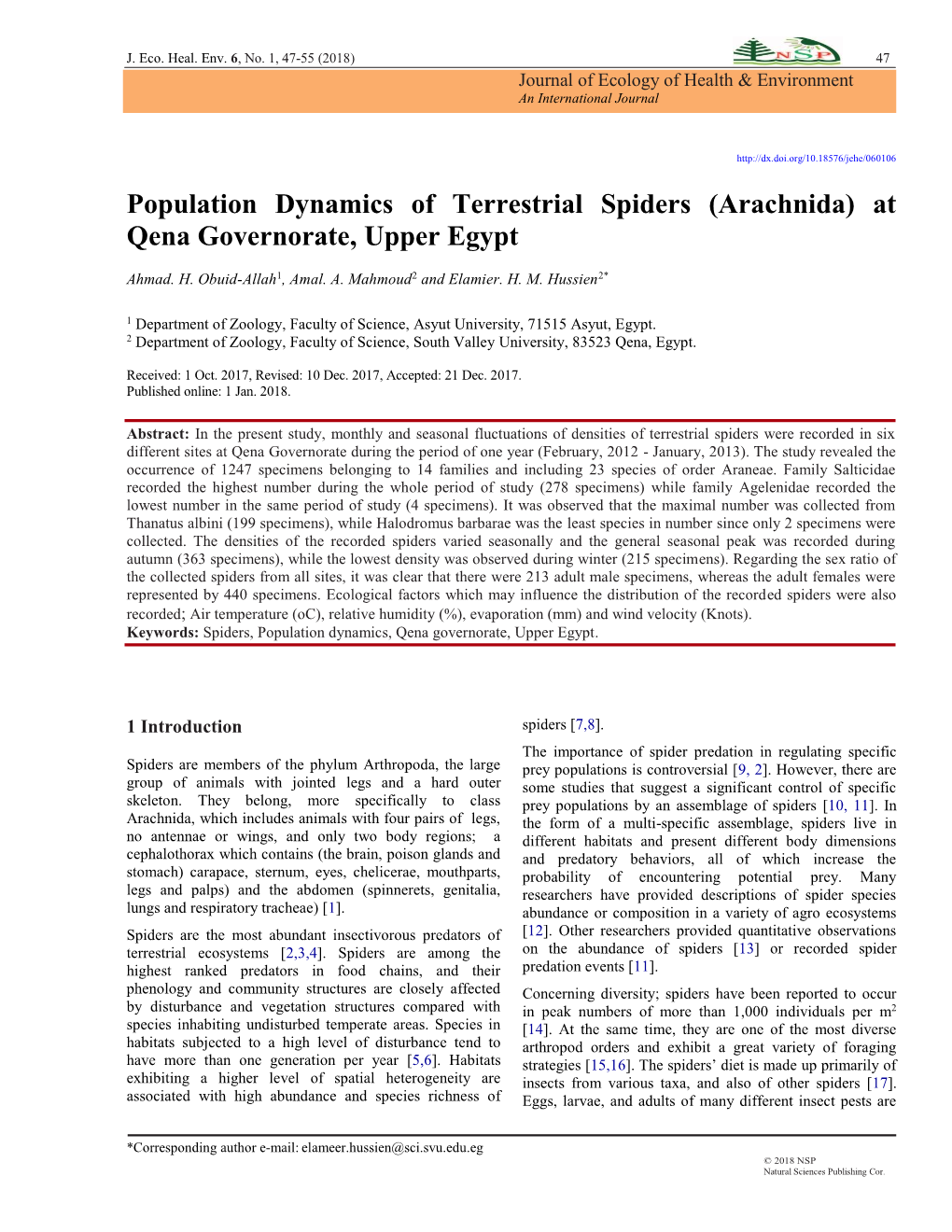 Population Dynamics of Terrestrial Spiders -.:: Natural Sciences Publishing