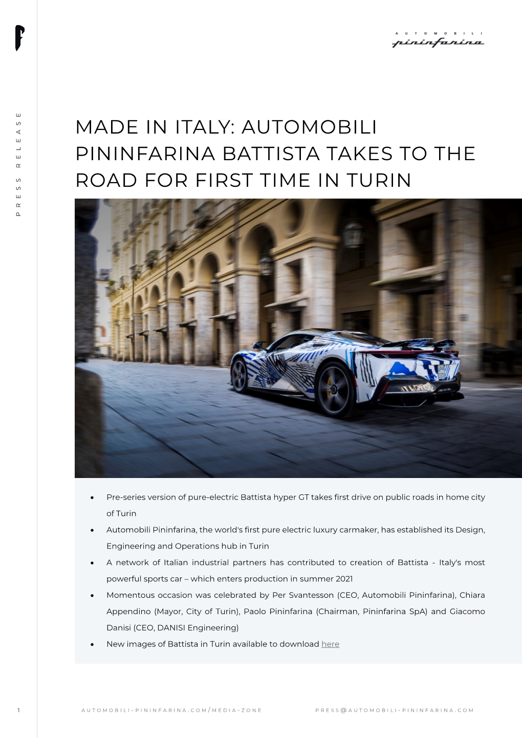 Made in Italy: Automobili Pininfarina Battista Takes to the Road for First Time in Turin