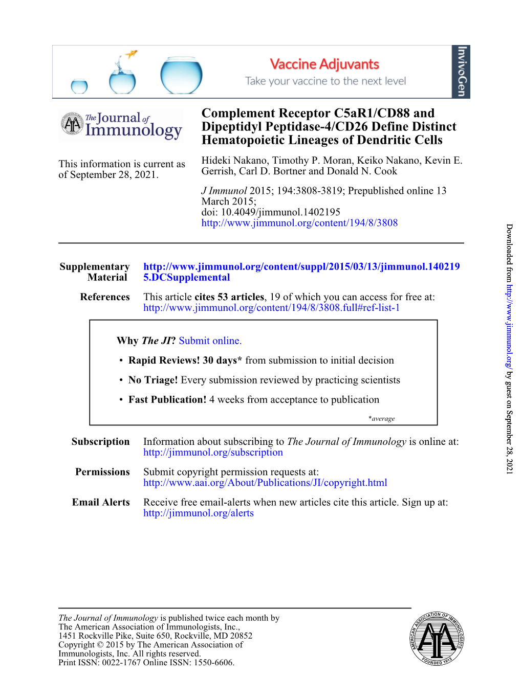 Hematopoietic Lineages of Dendritic Cells Dipeptidyl Peptidase-4/CD26