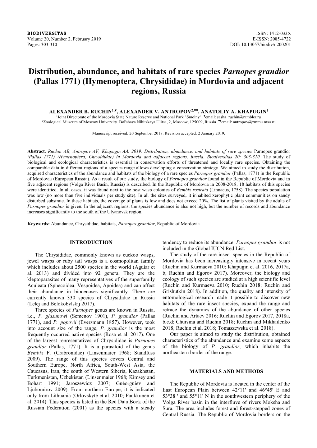 (Hymenoptera, Chrysididae) in Mordovia and Adjacent Regions, Russia