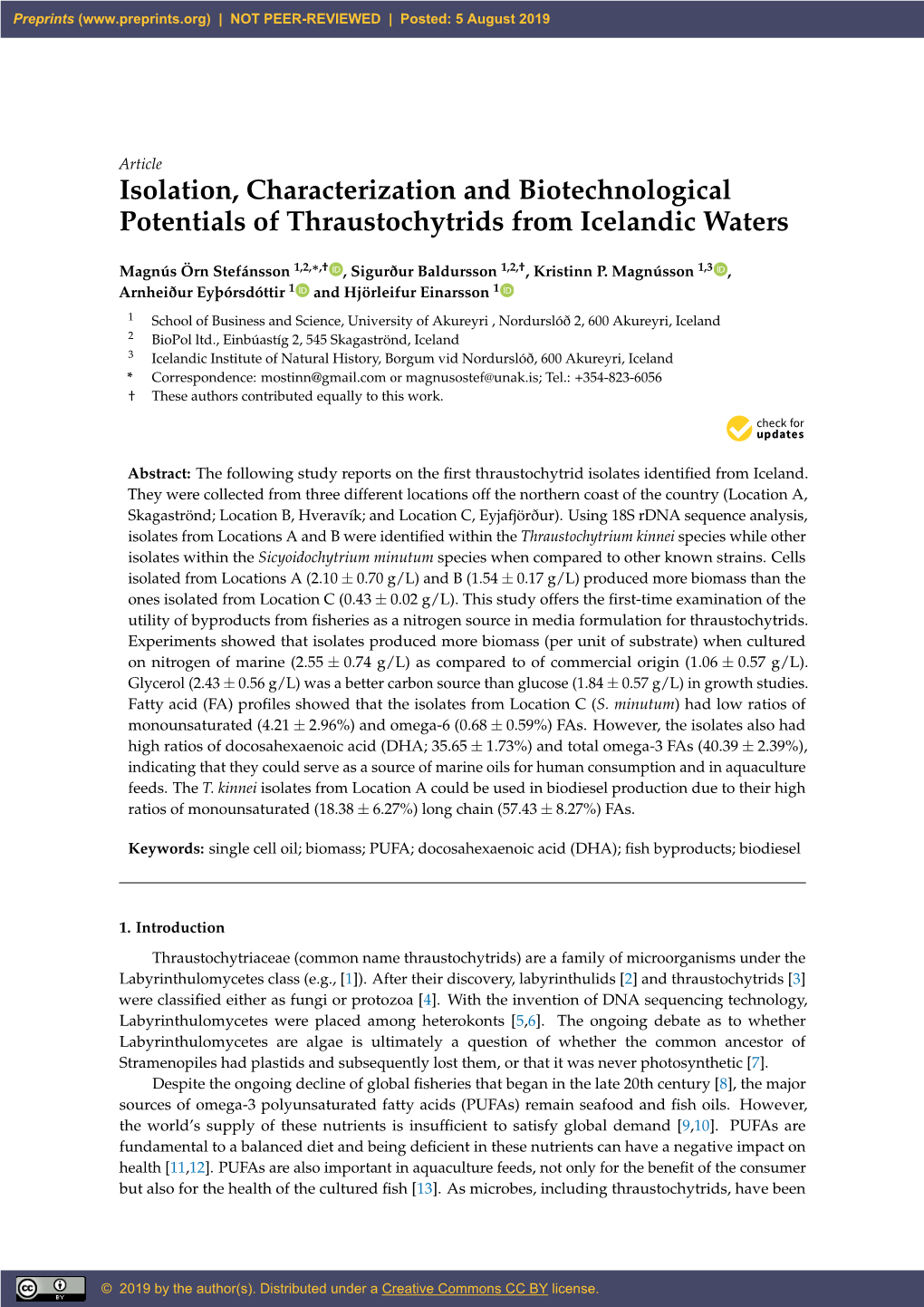 Isolation, Characterization and Biotechnological Potentials of Thraustochytrids from Icelandic Waters