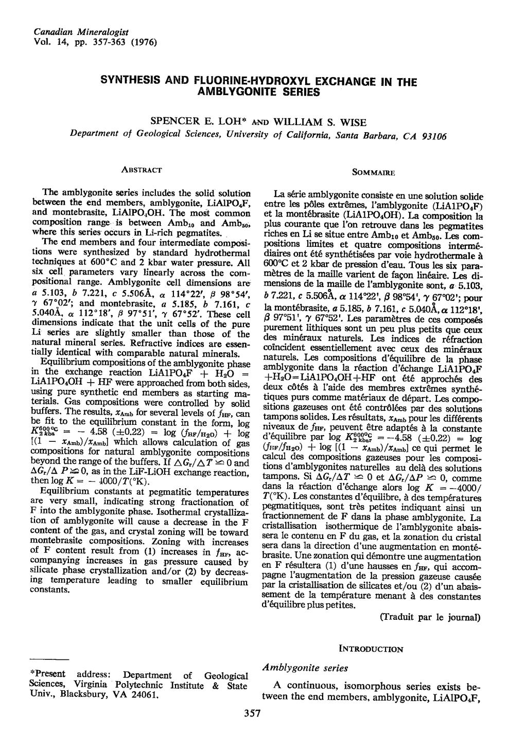 Synthesis and Fluorine.Hydfoxyl Exchange in the Amblygonite Series