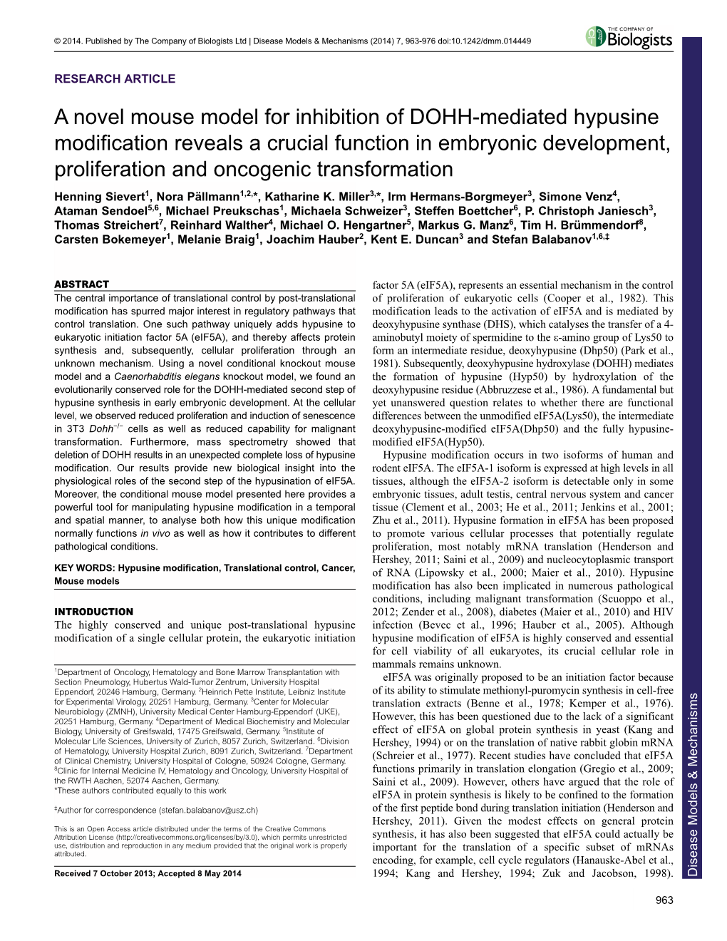 A Novel Mouse Model for Inhibition of DOHH-Mediated Hypusine Modification Reveals a Crucial Function in Embryonic Development, P