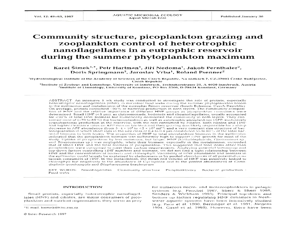 Community Structure, Picoplankton Grazing and Zooplankton Control of Heterotrophic Nanoflagellates in a Eutrophic Reservoir During the Summer Phytoplankton Maximum