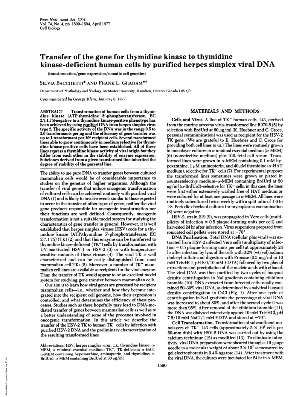 Transfer of the Gene for Thymidine Kinase to Thymidine Kinase-Deficient