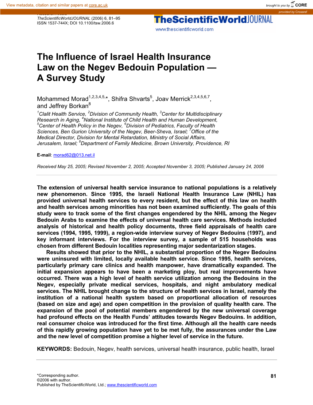 The Influence of Israel Health Insurance Law on the Negev Bedouin Population — a Survey Study