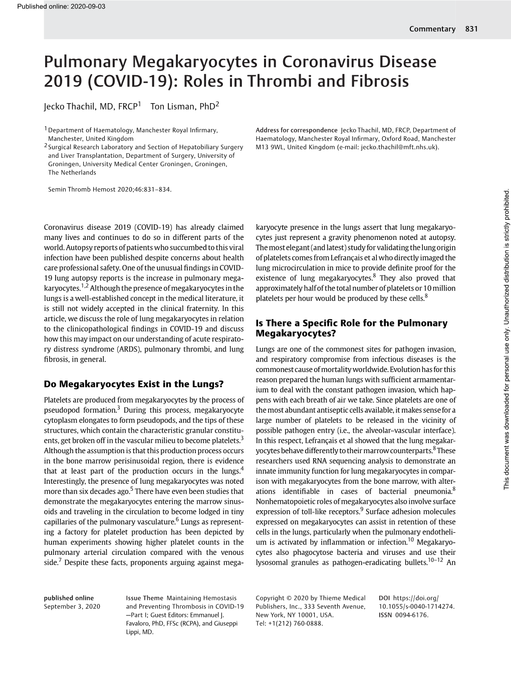 Pulmonary Megakaryocytes in Coronavirus Disease 2019 (COVID-19): Roles in Thrombi and Fibrosis