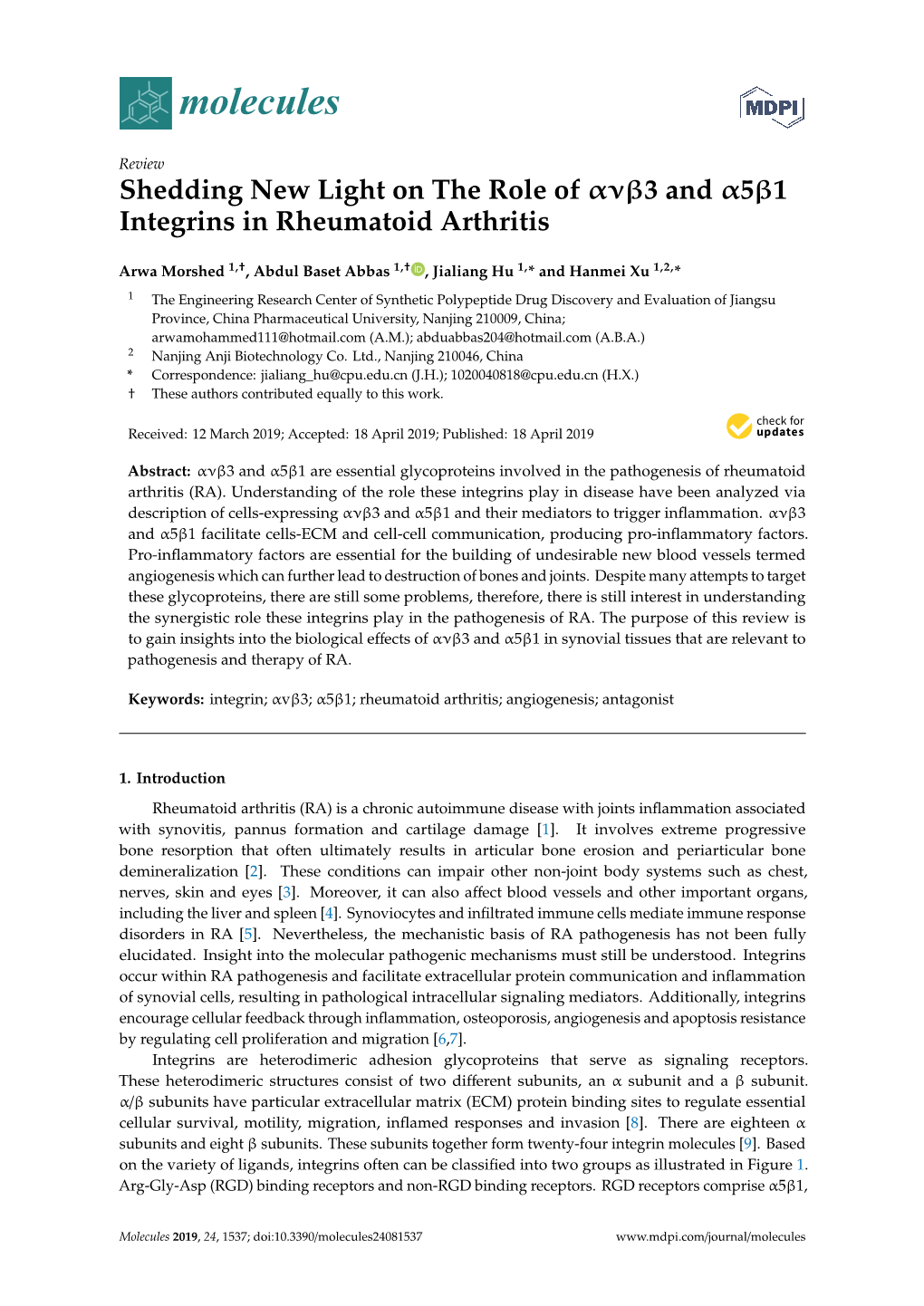 Shedding New Light on the Role of 3 and 51 Integrins in Rheumatoid