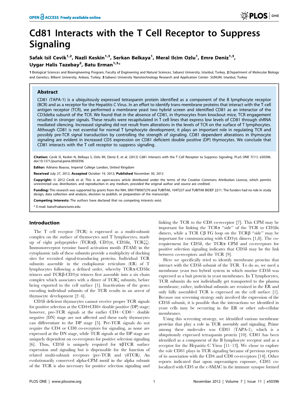 Cd81 Interacts with the T Cell Receptor to Suppress Signaling