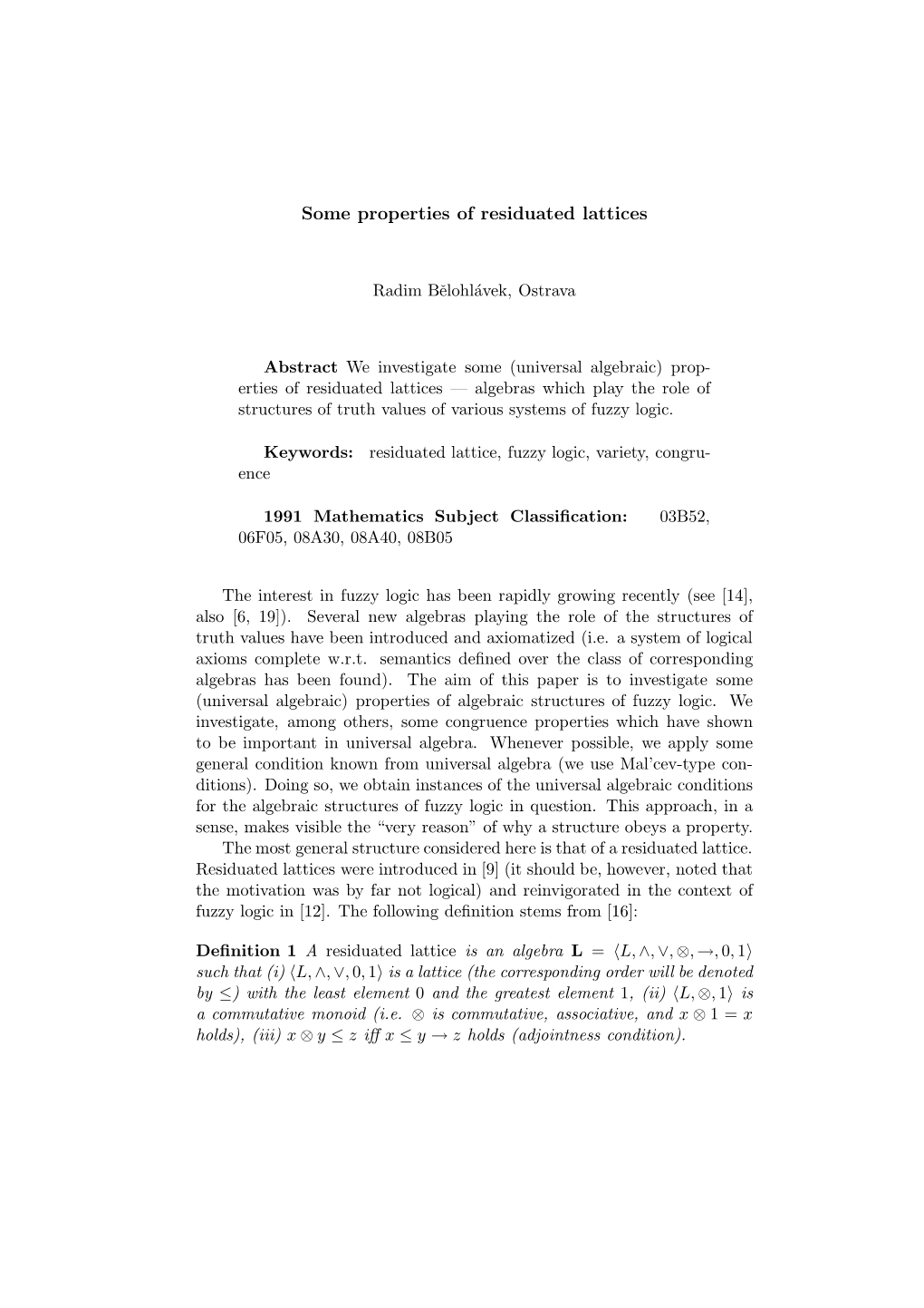 Some Properties of Residuated Lattices