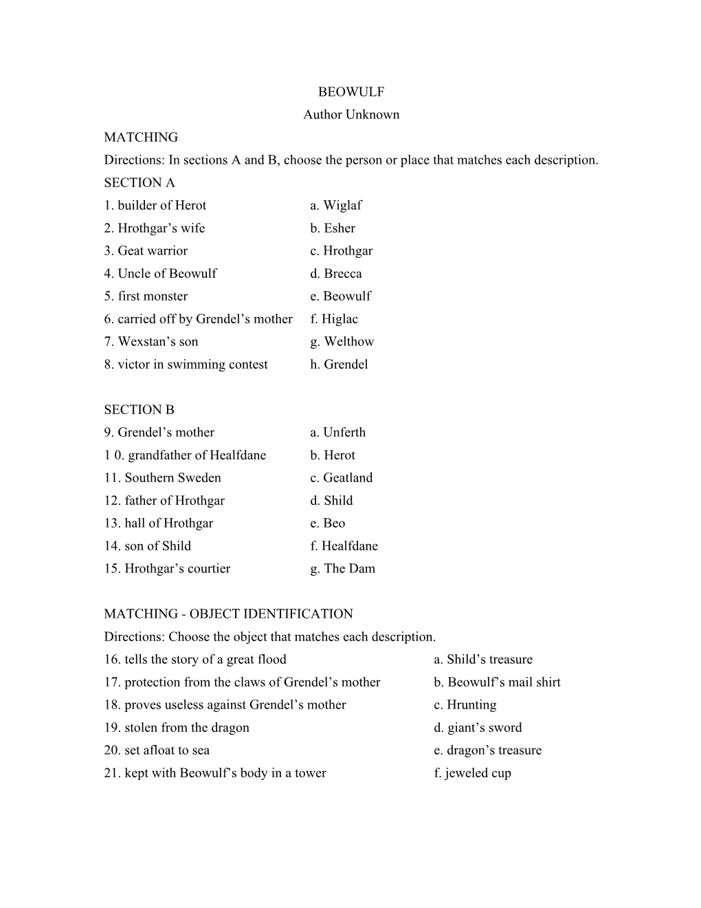 BEOWULF Author Unknown MATCHING Directions: in Sections a and B, Choose the Person Or Place That Matches Each Description