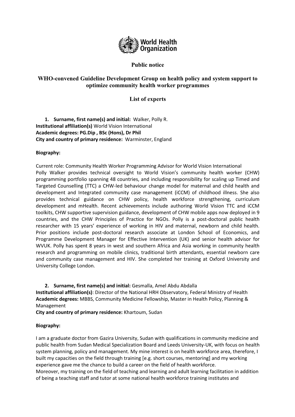 Public Notice WHO-Convened Guideline Development Group on Health Policy and System Support to Optimize Community Health Worker