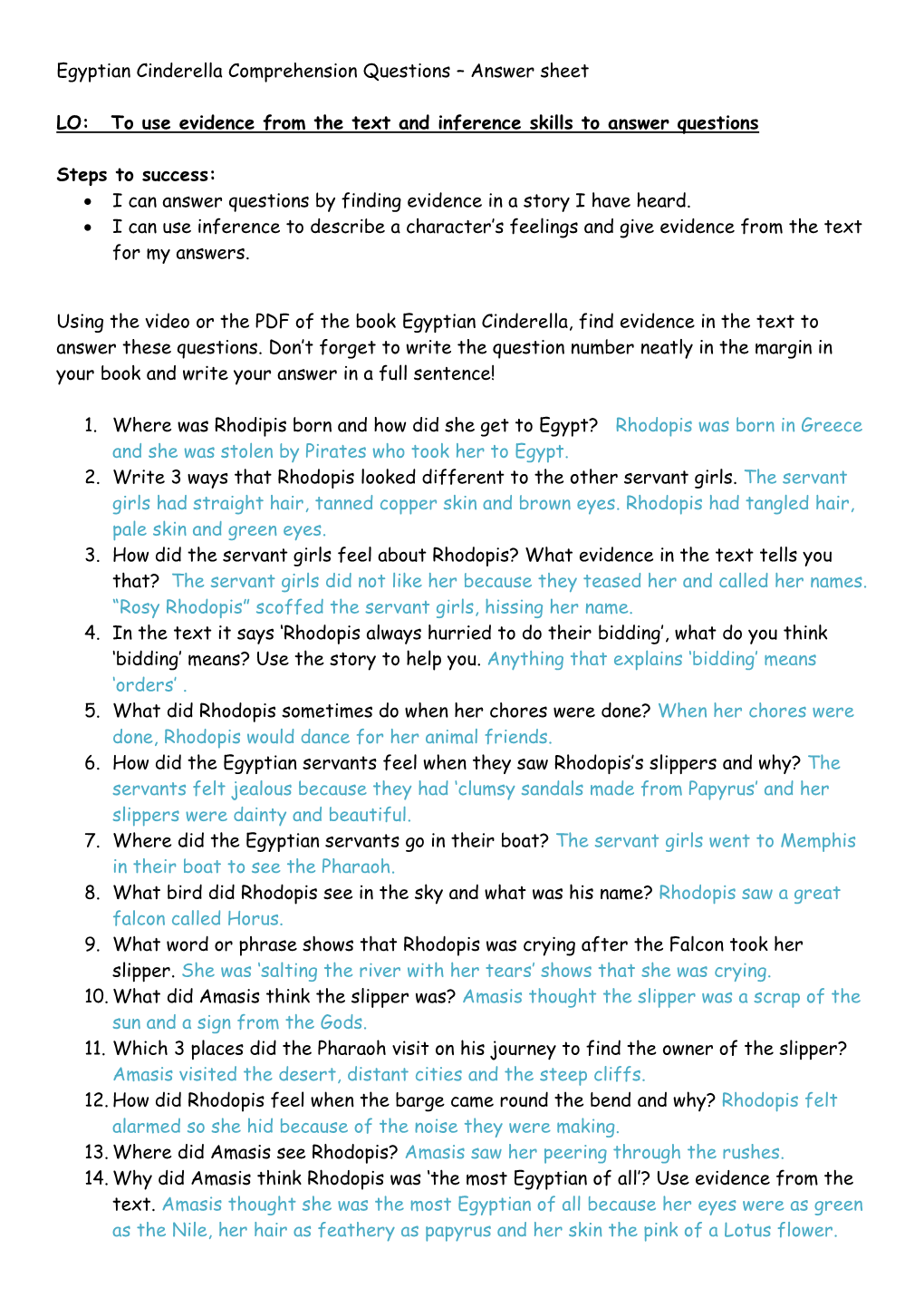 Egyptian Cinderella Comprehension Questions – Answer Sheet LO