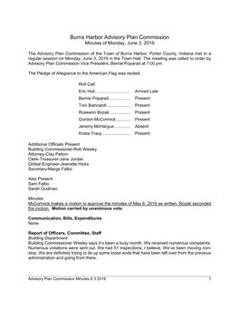 Burns Harbor Advisory Plan Commission Minutes of Monday, June 3, 2019