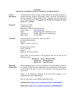 Fall 2015 MECH 2311 INTRODUCTION to THERMAL FLUID SCIENCES