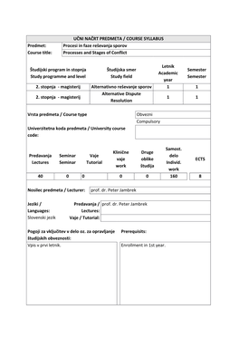 Procesi in Faze Reševanja Sporov Course Title: Processes and Stages of Conflict