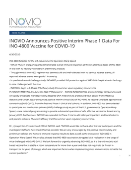 INOVIO Announces Positive Interim Phase 1 Data for INO-4800 Vaccine for COVID-19