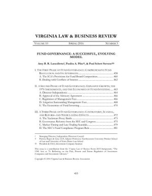 Virginia Law & Business Review: Fund Governance