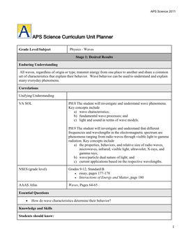 APS Science Curriculum Unit Planner