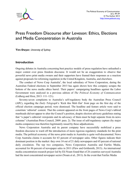 Press Freedom Discourse After Leveson: Ethics, Elections and Media Concentration in Australia