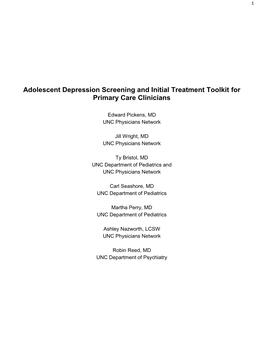 Adolescent Depression Screening and Initial Treatment Toolkit for Primary Care Clinicians
