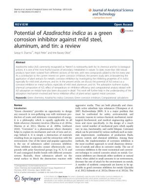 Potential of Azadirachta Indica As a Green Corrosion Inhibitor Against Mild Steel, Aluminum, and Tin: a Review Sanjay K