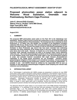 Proposed Photovoltaic Power Station Adjacent to Welcome Wood Substation, Owendale Near Postmasburg, Northern Cape Province