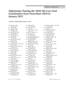 Diplomates Passing the 2010 Ob-Gyn Oral Examination from November 2010 to January 2011