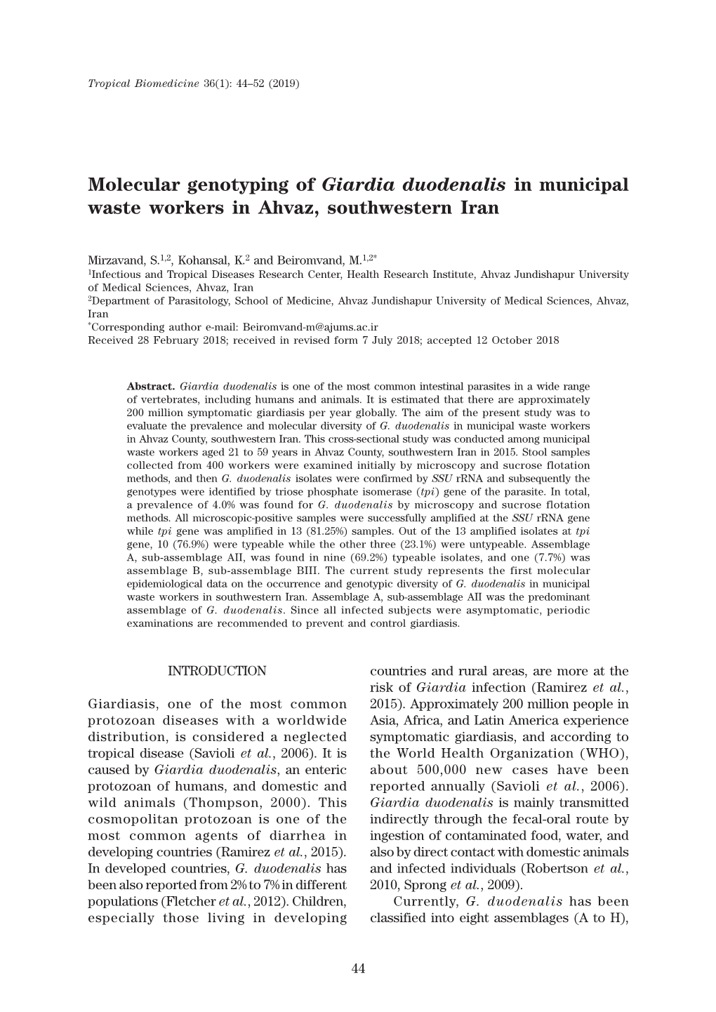 Molecular Genotyping of Giardia Duodenalis in Municipal Waste Workers in Ahvaz, Southwestern Iran