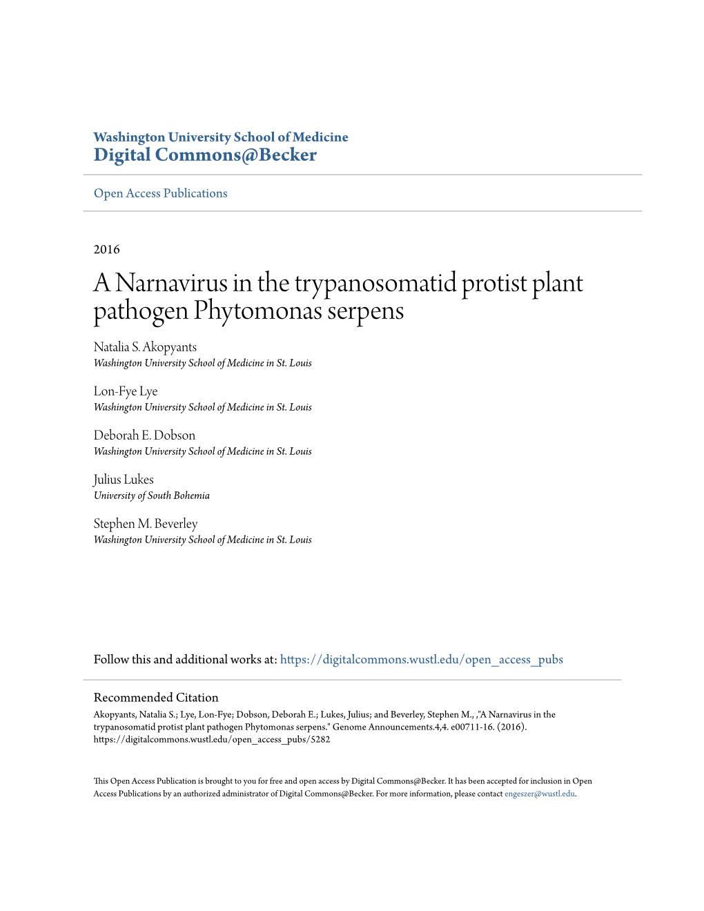 A Narnavirus in the Trypanosomatid Protist Plant Pathogen Phytomonas Serpens Natalia S