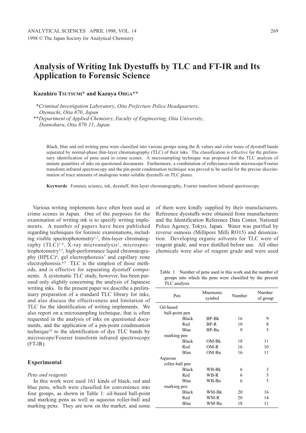 Analysis of Writing Ink Dyestuffs by TLC and FT-IR and Its Application to Forensic Science