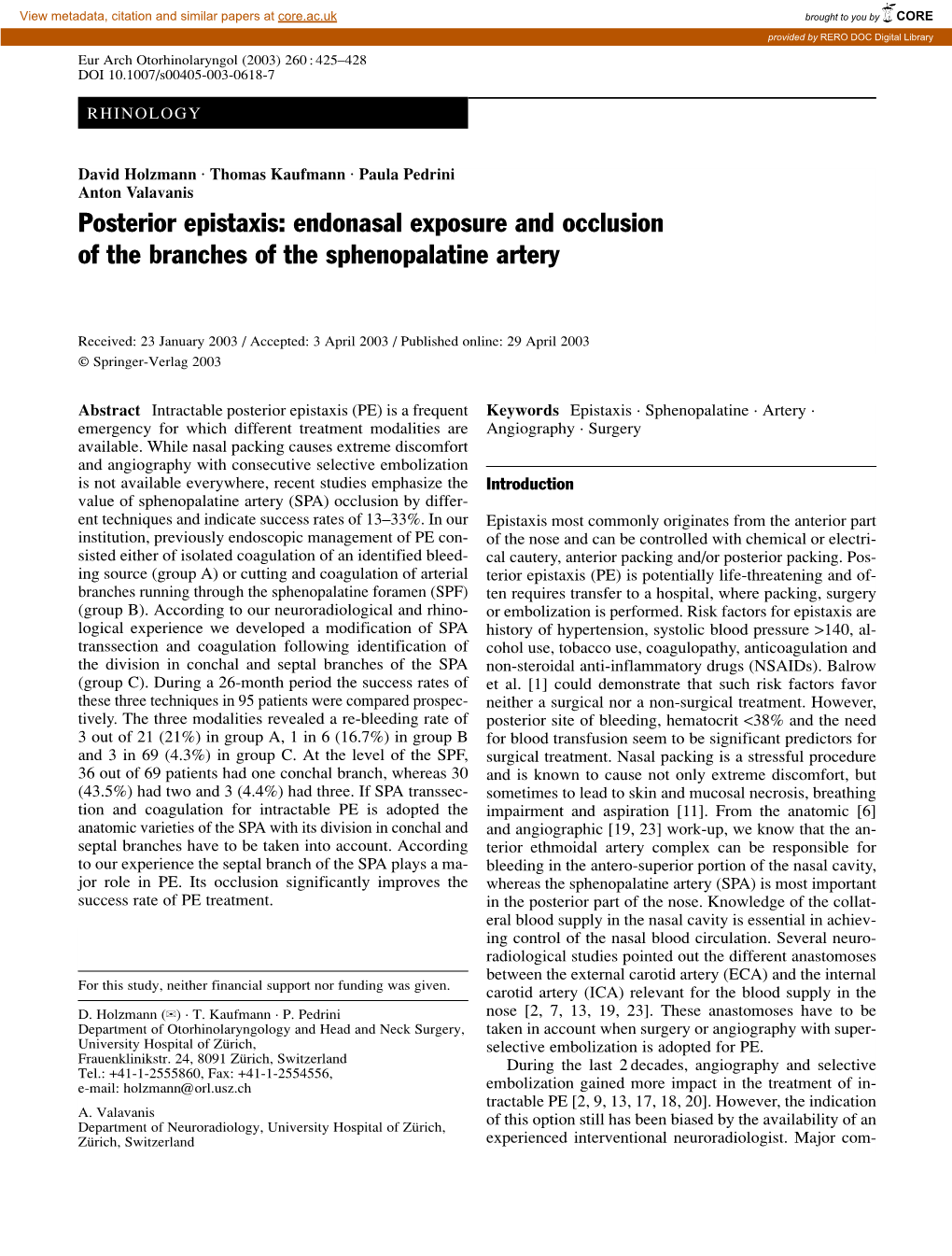 Posterior Epistaxis: Endonasal Exposure and Occlusion of the Branches of the Sphenopalatine Artery