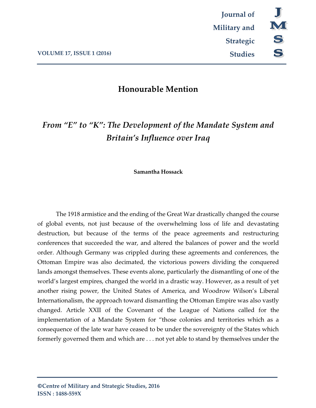 Honourable Mention from “E” to “K”: the Development of the Mandate System and Britain's Influence Over Iraq