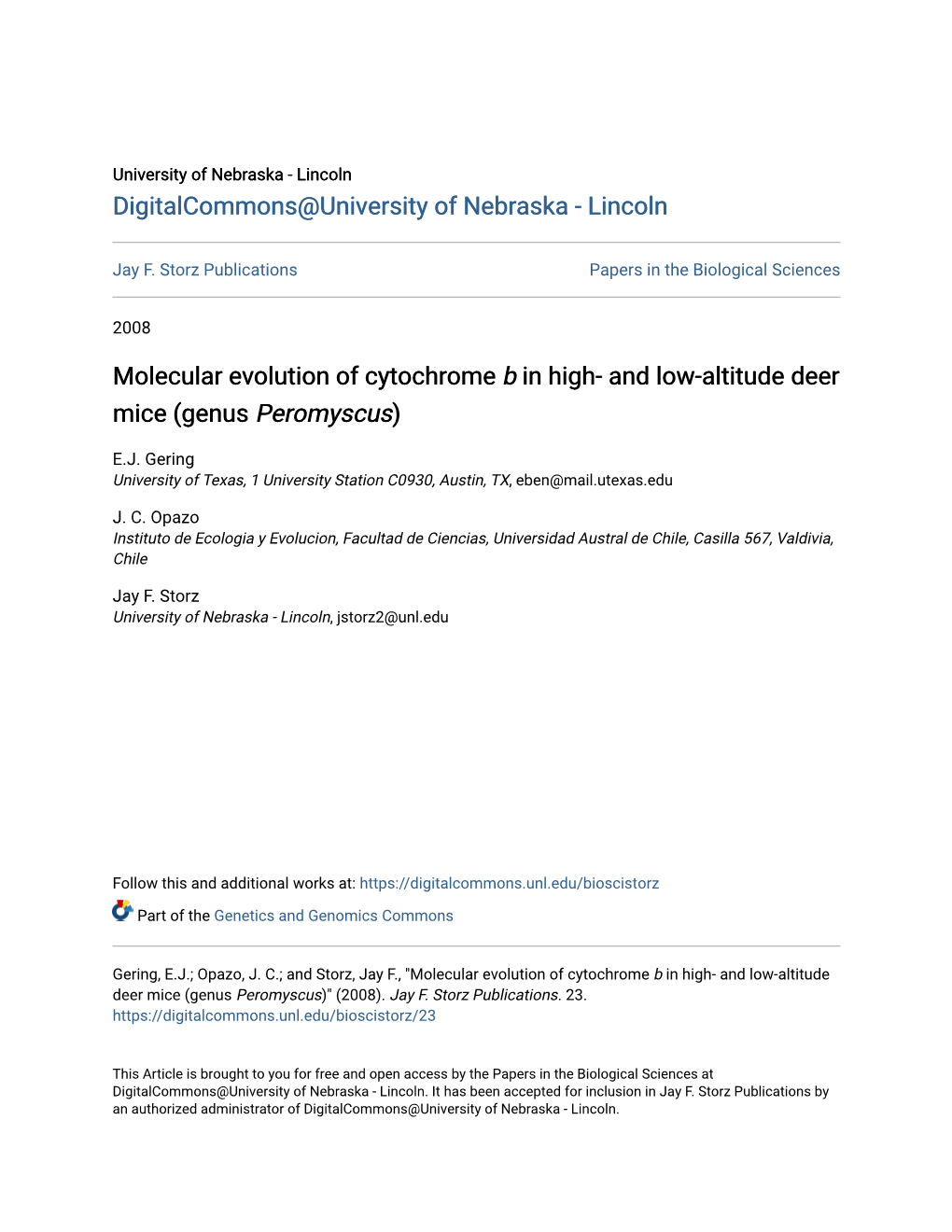 Molecular Evolution of Cytochrome B in High- and Low-Altitude Deer Mice (Genus Peromyscus)