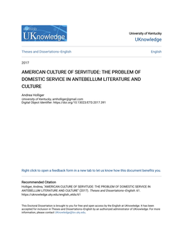 American Culture of Servitude: the Problem of Domestic Service in Antebellum Literature and Culture
