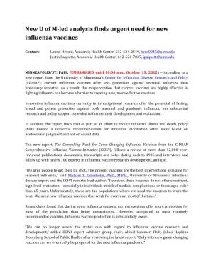 New U of M-‐Led Analysis Finds Urgent Need for New Influenza Vaccines