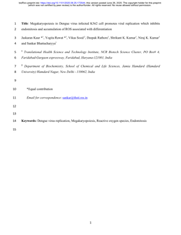 Megakaryopoiesis in Dengue Virus Infected K562 Cell Promotes Viral Replication Which Inhibits 2 Endomitosis and Accumulation of ROS Associated with Differentiation