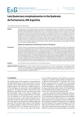 Late Quaternary Morphodynamics in the Quebrada De Purmamarca, NW Argentina