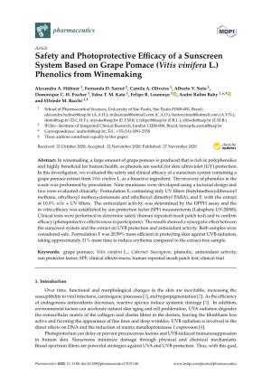 Safety and Photoprotective Efficacy of a Sunscreen System Based on Grape Pomace (Vitis Vinifera L.) Phenolics from Winemaking