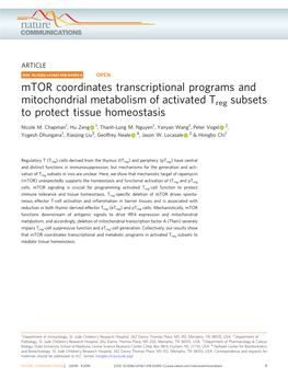 Mtor Coordinates Transcriptional Programs and Mitochondrial Metabolism of Activated Treg Subsets to Protect Tissue Homeostasis