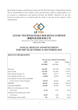 LEYOU TECHNOLOGIES HOLDINGS LIMITED 樂遊科技控股有限公司 (Incorporated in the Cayman Islands with Limited Liability) (Stock Code: 1089)