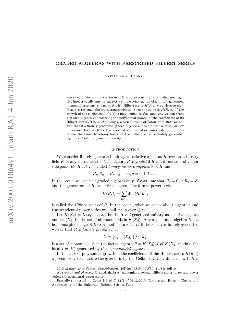 Arxiv:2001.01064V1 [Math.RA] 4 Jan 2020 Eis Rncnetlpwrseries