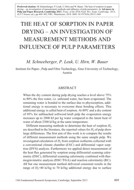 The Heat of Sorption in Paper Drying – an Investigation of Measurement Methods and Inﬂ Uence of Pulp Parameters