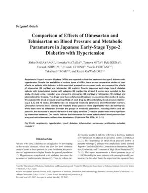 Comparison of Effects of Olmesartan and Telmisartan on Blood Pressure and Metabolic Parameters in Japanese Early-Stage Type-2 Diabetics with Hypertension