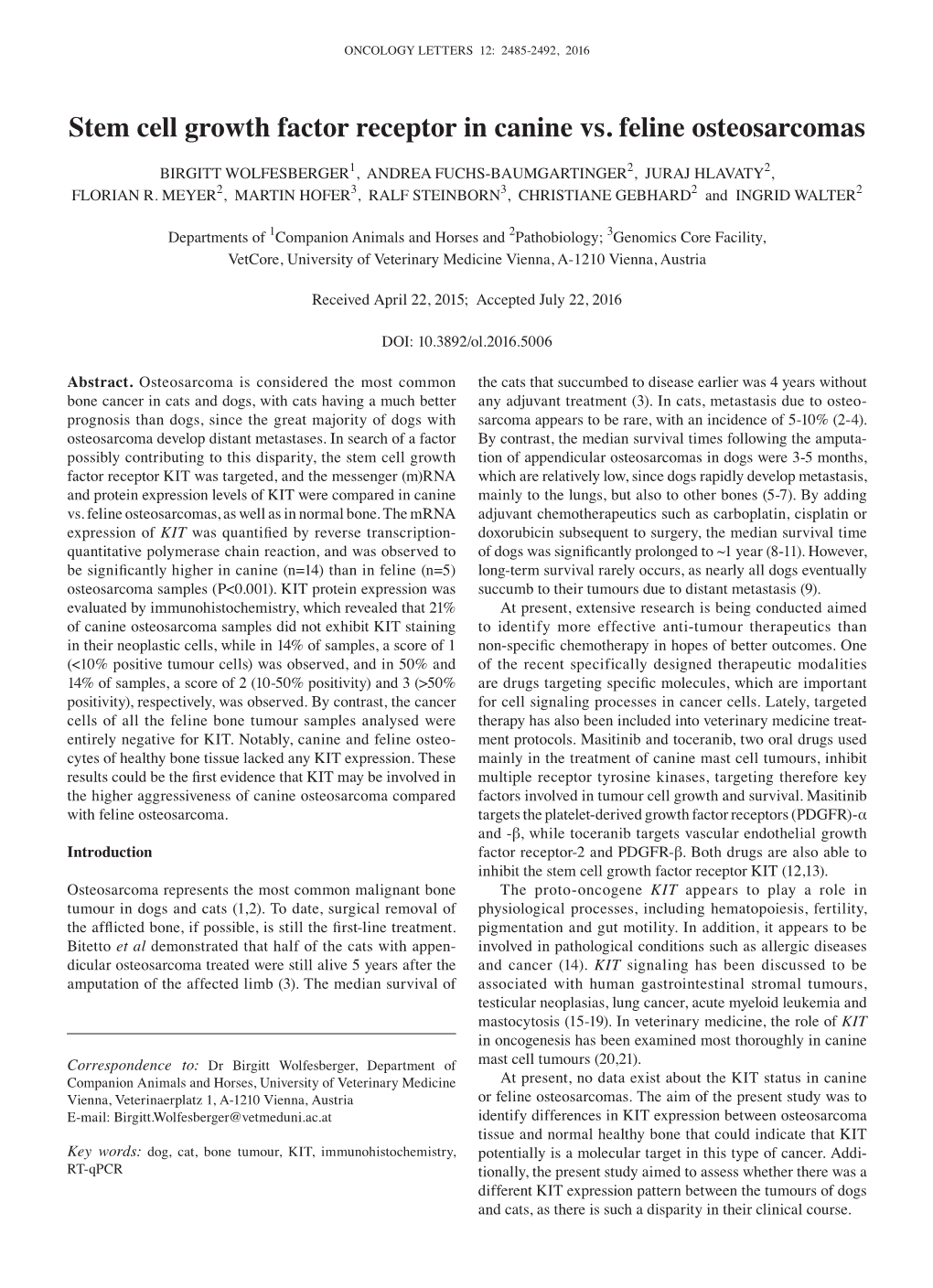 Stem Cell Growth Factor Receptor in Canine Vs. Feline Osteosarcomas