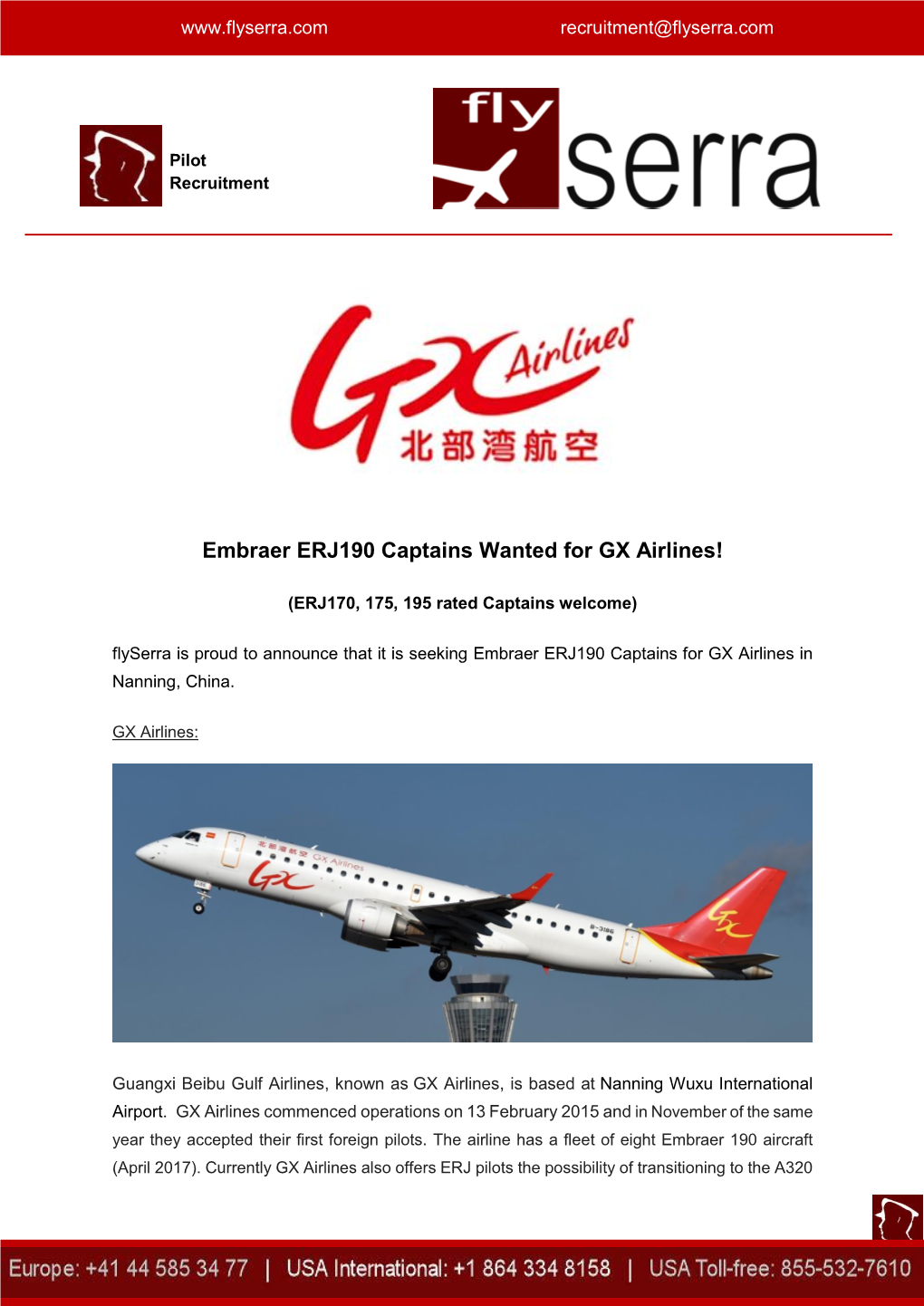 Embraer ERJ190 Captains Wanted for GX Airlines!
