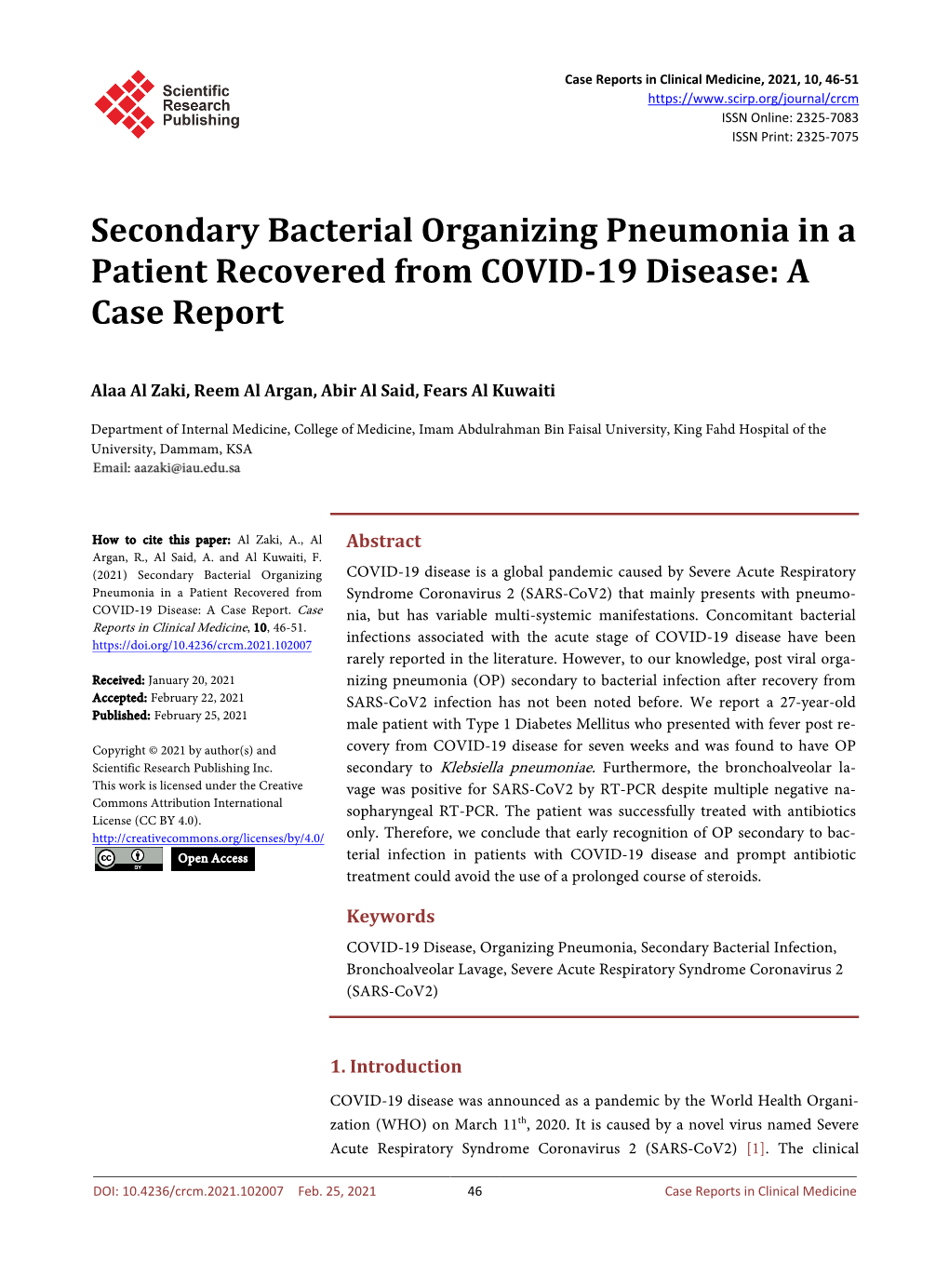 Secondary Bacterial Organizing Pneumonia in a Patient Recovered from COVID-19 Disease: a Case Report