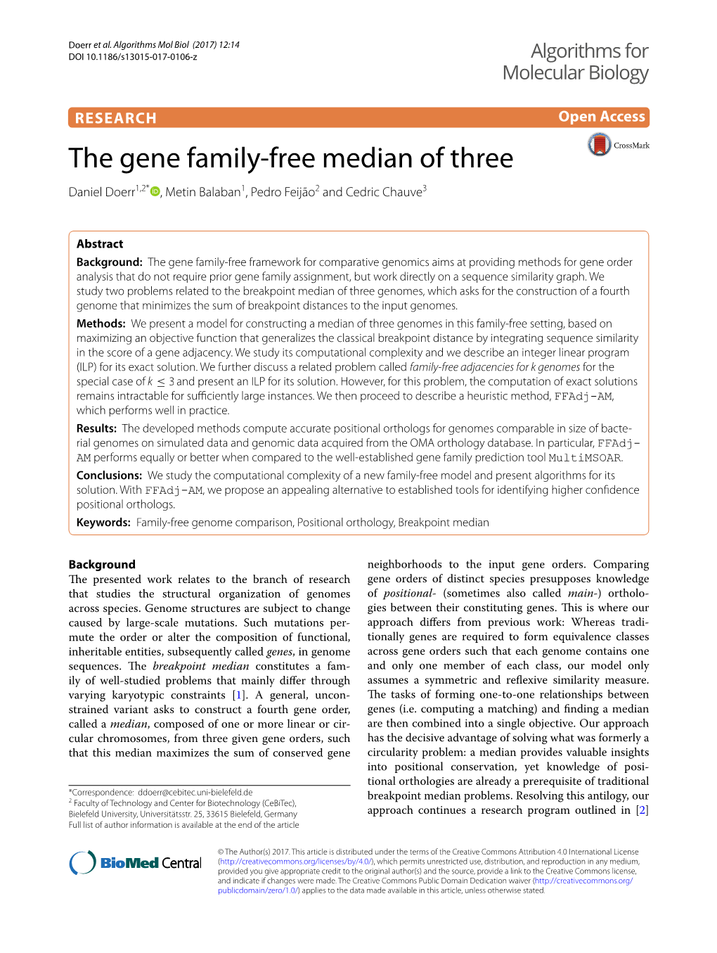 The Gene Family-Free Median of Three