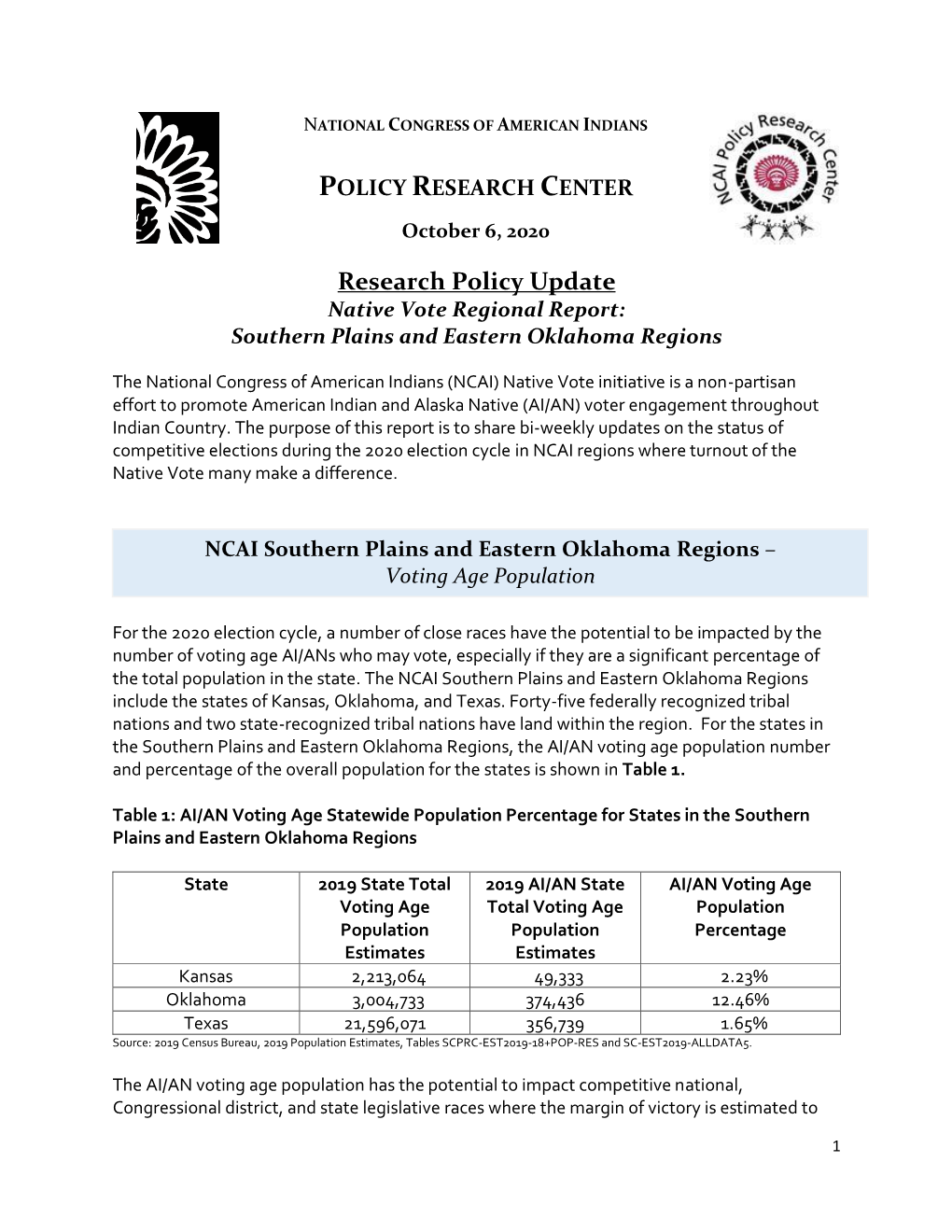 Research Policy Update Native Vote Regional Report: Southern Plains and Eastern Oklahoma Regions